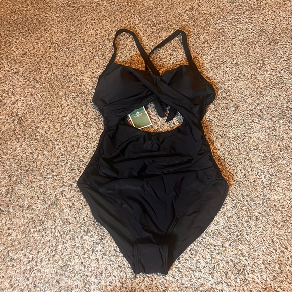 Ecomenie Black One Piece Cutout Swimsuit Medium Criss Cross Tie Front NEW - Picture 1 of 4